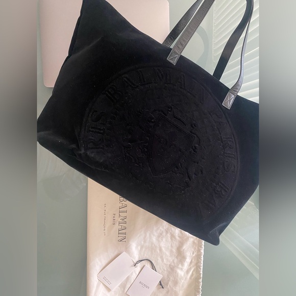 BRAND NEW Balmain Black Velvet Logo Shopping Horizontal Tote - Picture 9 of 10